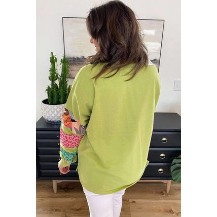 Green Plus Size Printed Patchwork Sleeve Split Sweatshirt