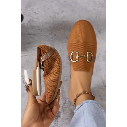 Chestnut Leather Strap Buckle Decor Slip On Flats