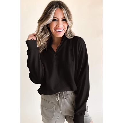 Black Zipped Neck Pullover Drop Shoulder Sweatshirt