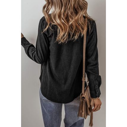 Black Flap Pocket Buttons Collared Jean Jacket