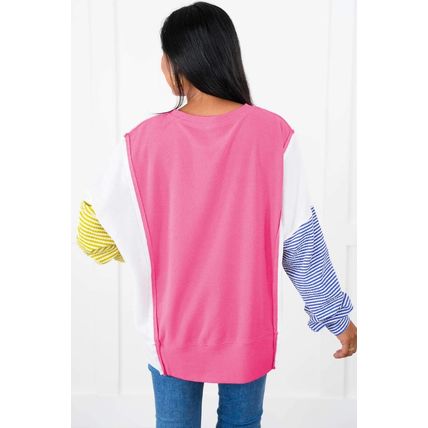 Rose Red Colorblock Patchwork Striped Puff Sleeve Plus Size Top with Slits