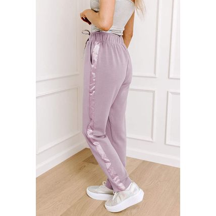 Orchid Petal Drawstring Waist Satin Stripe Patch Straight Leg High Waist Pants