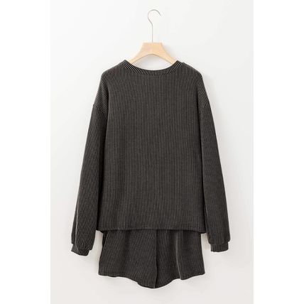 Carbon Grey Corded Knit Long Sleeve Top and High Waist Shorts Set