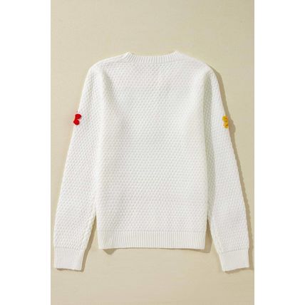 White Colorful Flower Applique Textured Knit Sweater