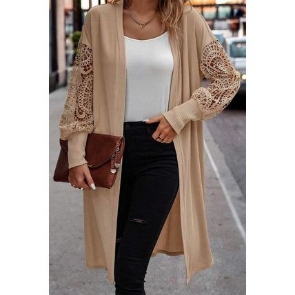 Parchment Lace Patchwork Ribbed Knit Open Front Duster Cardigan