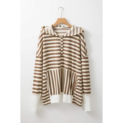 Brown Stripe Quarter Buttons Drop Sleeve Plus Size Hoodie