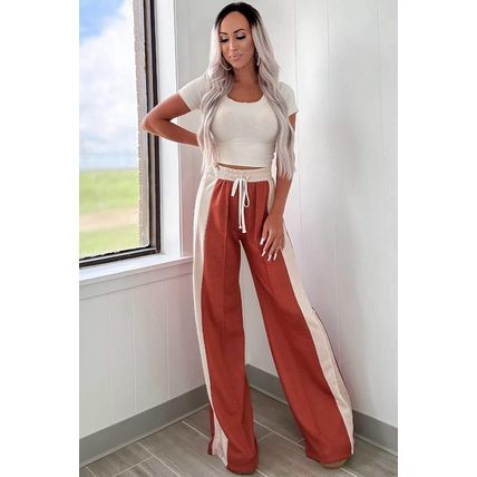 Flamingo Color Block Drawstring High Waist Wide Leg Pants