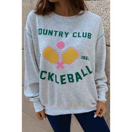 Light Grey COUNTRY CLUB PICKLEBALL Graphic Exposed Stitching Casual Sweatshirt