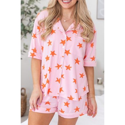 Pink Stars Short Sleeve Shirt and Shorts Bamboo Pajama Set