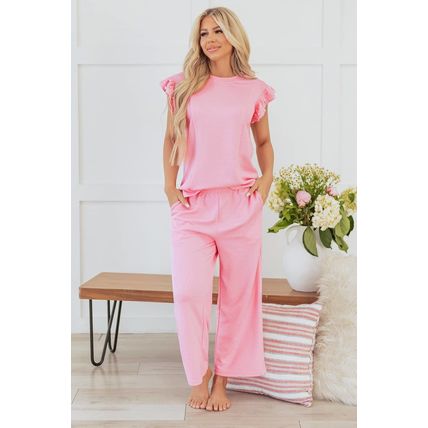 Pink Textured Pearled Ruffled Sleeve Wide Leg Pants Set