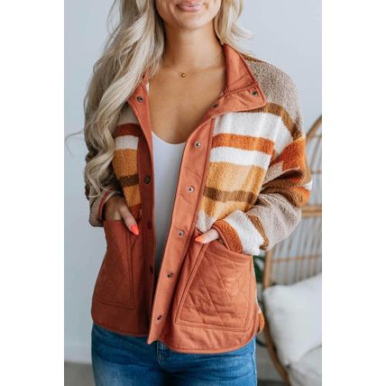 Brown Quilted Patch Pockets Aztec Furry Jacket