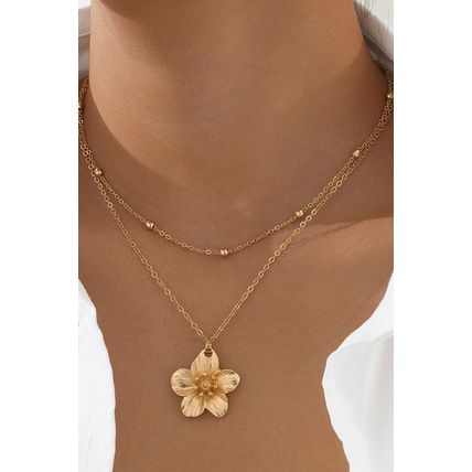 Gold Flower Pendant Beaded Double Chain Plated Necklace