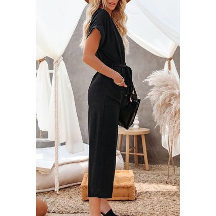 Black Dolman Button Belted V Neck Wide Leg Pocketed Jumpsuit