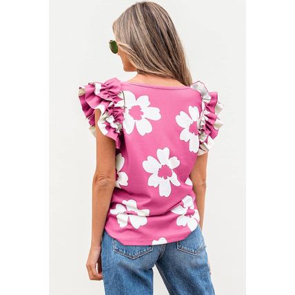 Pink Floral Textured Ruffled Short Sleeve Square Neck Blouse