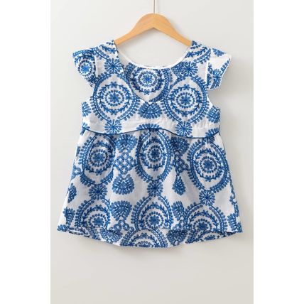 Blue Boho Print Flutter Sleeve Crew Neck Blouse
