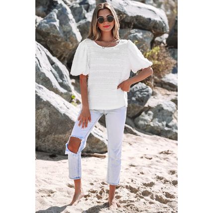 White Frilled Lace Trim Bubble Sleeve Blouse