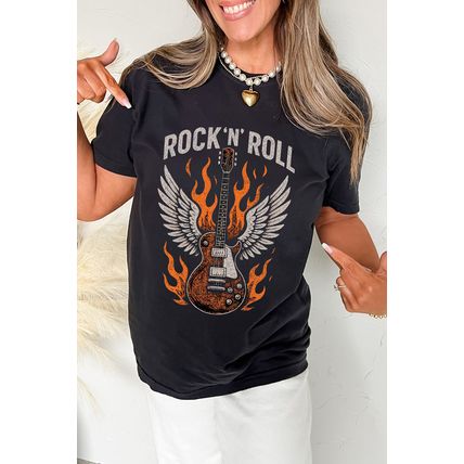Black Guitar Wings Slogan Print Crew Neck T Shirt