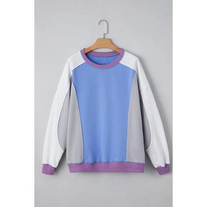 Blue Exposed Seam Colorblock Patchwork Ribbed Trim Pullover Sweatshirt