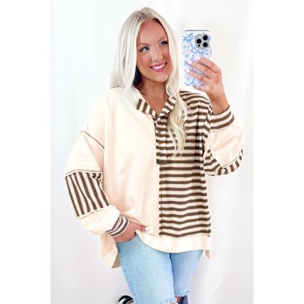 Khaki Stripe Stitched Detail Color Block Patchwork Oversized Pullover Top