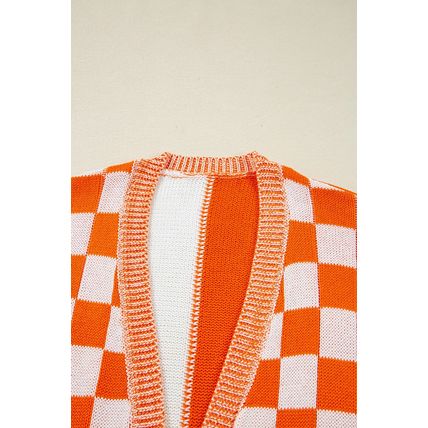 Orange Checkered Open Front Drop Shoulder Cardigan