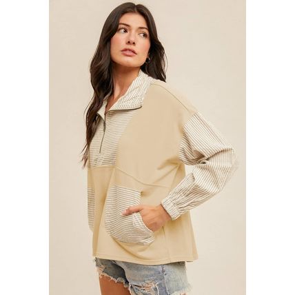 Khaki Stripe Mix Half Zip French Terry Plus Size Sweatshirt