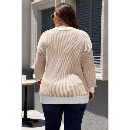 Brown Stripe Plus Size Contrast Trim Crew Neck Rib Knit Drop Shoulder Sweater