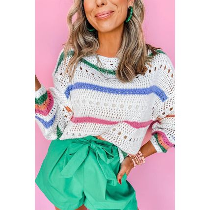 White Color Block Striped Pointelle Knit Sweater