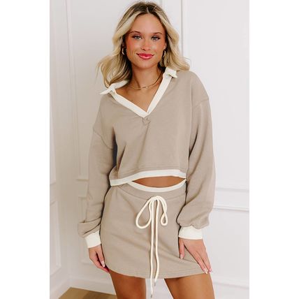 Parchment Raw Edge Detail Colorblock Patchwork Cropped Pullover Drawstring Skirt