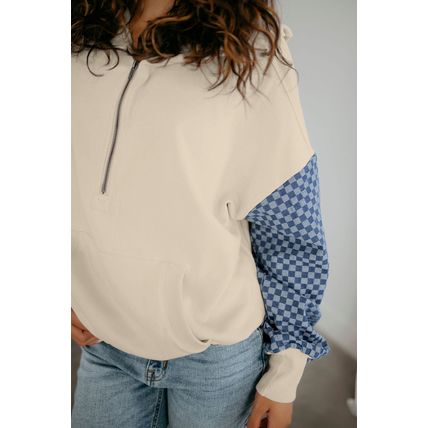 Parchment Checkered Patchwork Kangaroo Pocket Half Zipper Hoodie