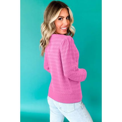Bright Pink Trendy Pattern Knit Ribbed Cuffs Crew Neck Sweater