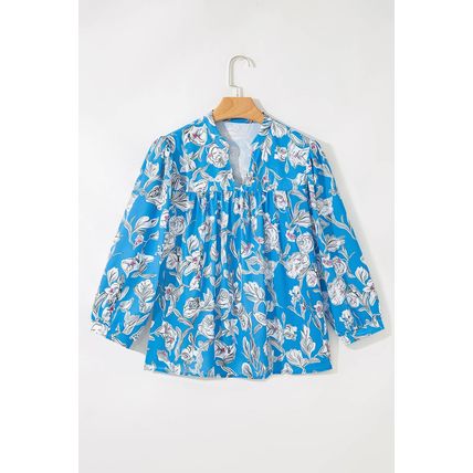 Sky Blue V Neck Floral Print 3/4 Puff Sleeve Blouse