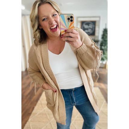 Parchment Cable Knit Braided Tie Sleeve Plus Size Open Cardigan