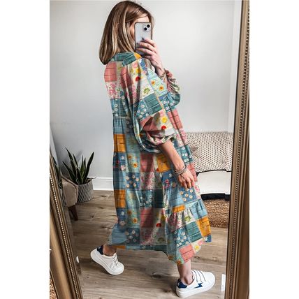Sky Blue Mix Floral Checkered Pattern Bubble Sleeve Ruffle Hem Dress