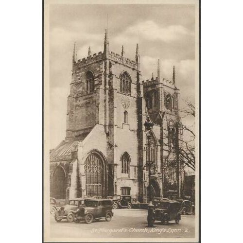 Kings Lynn, Norfolk - St. Margaret's Church, old cars - M&L postcard c.1930s