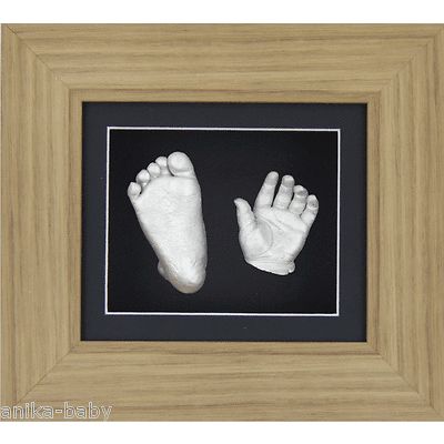 New Unique 3D Gift Baby Casting Kit Silver Hand Foot Feet Cast Oak Effect Frame