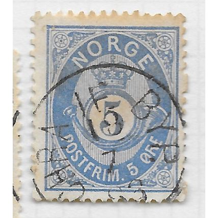NORWAY 1877 CLASSIC POSTHORN SHADED 5ore ULTRAMARINE USED CDS DATED