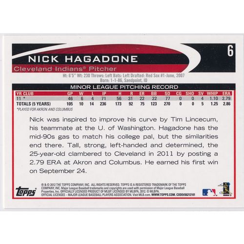 2012 Topps - #6 - Nick Hagadone RC Cleveland Indians