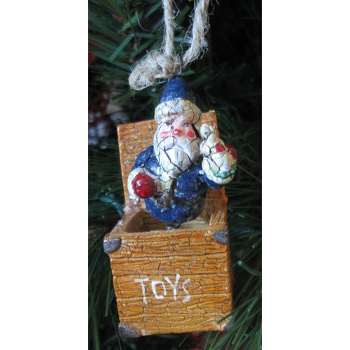 Christmas Ornament - Crackled & Wobbly SANTA jack-in-the-toy-box