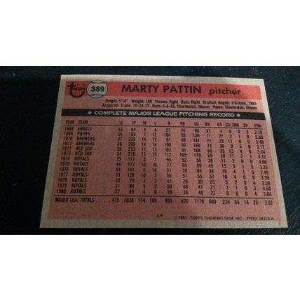 1981 Topps Card # 389 Marty Pattin Very Good (3) Kansas City Royals