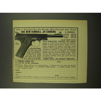 1956 Kimball .30 Caliber Carbine Auto. Pistol Advertisement