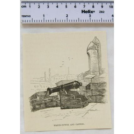 Vintage engraving: Watch-tower and Cannon