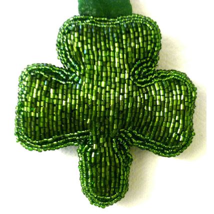 "PAIR SMALL GREEN FULLY BEADED IRISH SHAMROCK ORNAMENTS CHRISTMAS DECORATION"