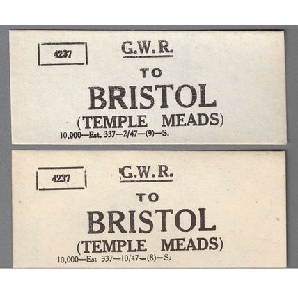 2 GREAT WESTERN RAILWAY OBLONG LUGGAGE LABELS - BRISTOL (TEMPLE MEADS)2/47 10/47