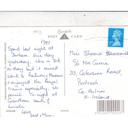 Durham Cathedral Postcard posted VGC
