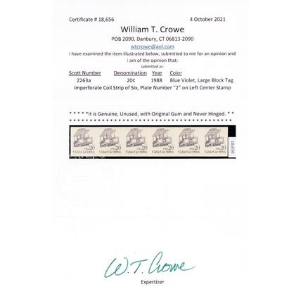 2263a, Mint NH VF 20¢ Imperforate Coil Pl# 2 Strip Error W/Cert - Stuart Katz