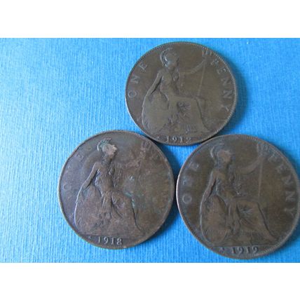 THREE GEORGE V PENNIES 1912,1918,1919 H MINT MARKS HEATON MINT BIRMINGHAM F/POST