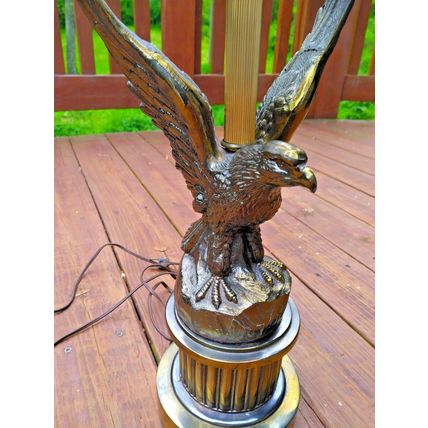 Vintage Heavy Brass Eagle American Flag Motorcycle Table Lamp Glass Panels Works