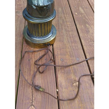 Vintage Heavy Brass Eagle American Flag Motorcycle Table Lamp Glass Panels Works