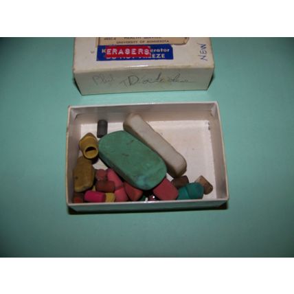 USED!! LOT OF ERASERS & VINTAGE!! U OF M MEDICINE BOX, FREE SHIPPING US ONLY!!