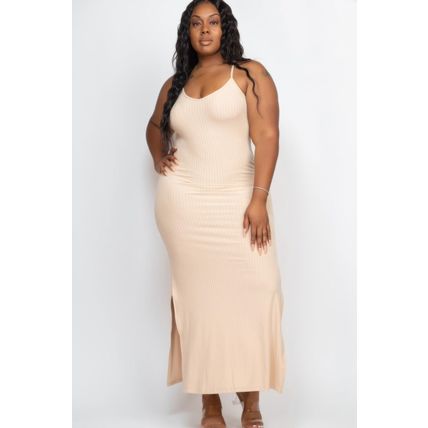 Women's Plus Size Ribbed Side Slit Long Cami Maxi Dress